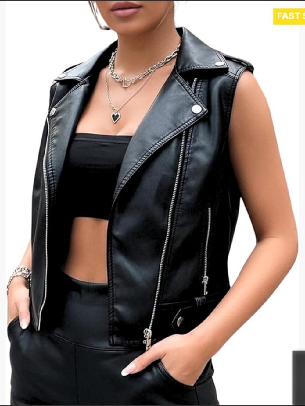 Faux Leather Motorcycle Vest Sleeveless Biker Jacket Zipper Pockets Street Style